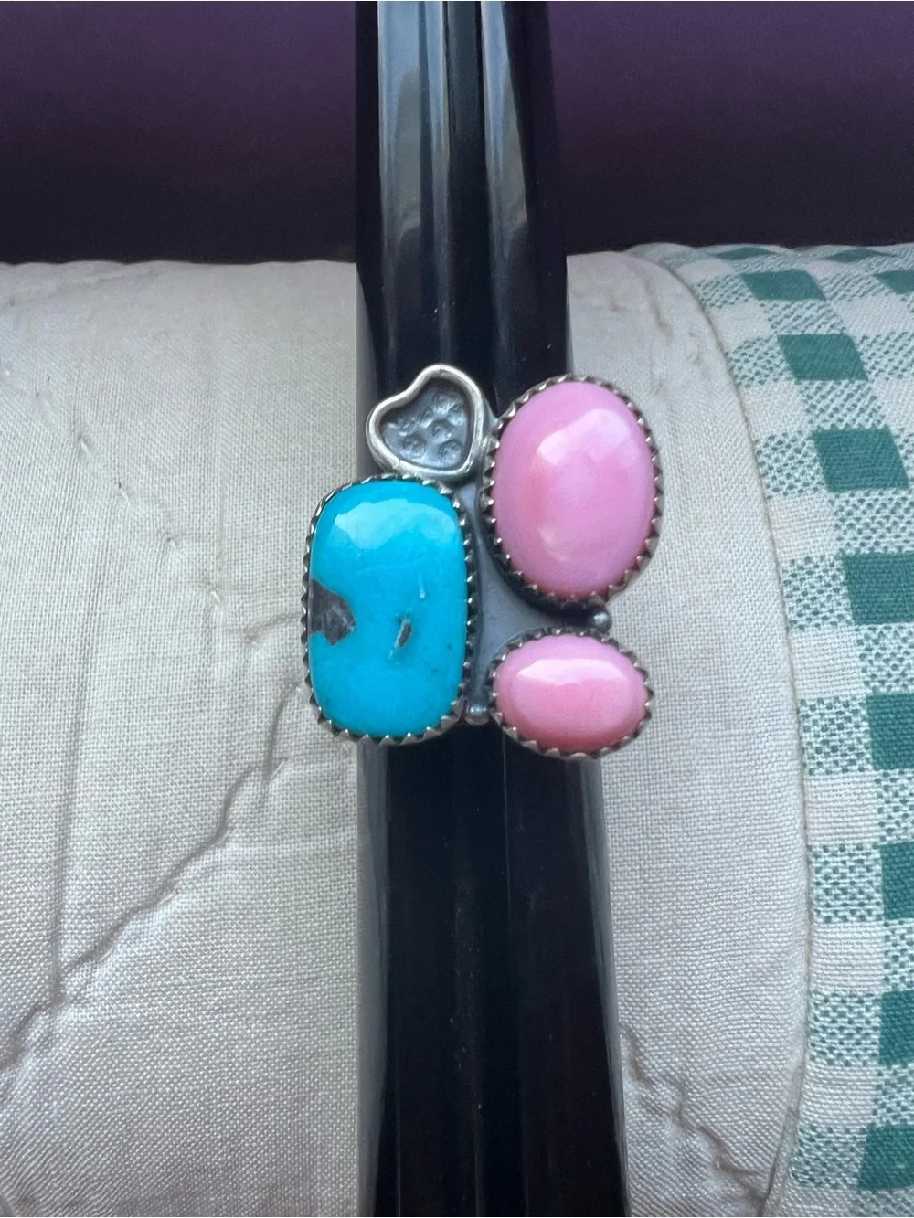 Sterling Southwestern, turquoise and pink conch ring